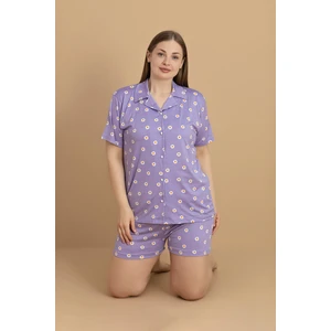 Büyük Beden Papatya Baskılı  Gömlek Yaka Şortlu Pijama Takımı