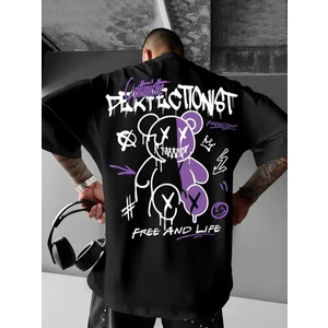 Baskılı Oversize Bisiklet Yaka T-Shirt - Siyah