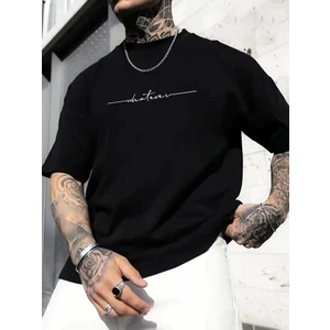Baskılı Oversize Bisiklet Yaka T-Shirt - Siyah