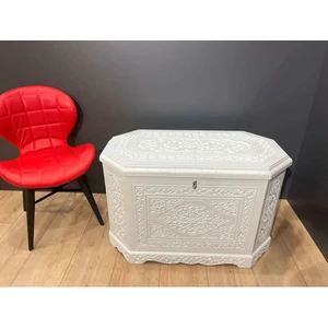 8 Köşeli Maraş 3D Oyma Çeyiz Sandığı-Beyaz