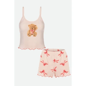 Kadın Ince Askılı Desenli Pamuklu Şortlu Pijama Takımı