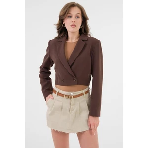 Acı Kahverengi Kruvaze Crop Blazer Ceket
