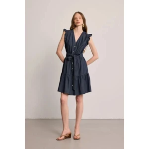 Kolu Volanlı Denim Elbise - Mavi