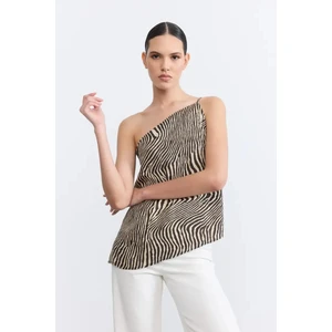 Asimetrik Kesim Zebra Desenli Bluz - Siyah