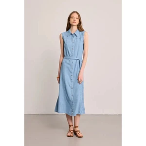 Tencel Denim Uzun Gömlek Elbise - Mavi