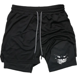 Baskılı Makiteks Sporcu Şortu, Alt Siyah Tayt Görünümlü Çok Cepli Taytlı Spor Şortu