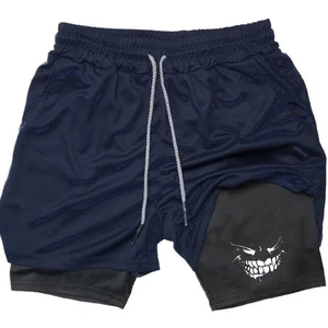 Baskılı Makiteks Sporcu Şortu, Alt Siyah Tayt Görünümlü Çok Cepli Taytlı Spor Şortu