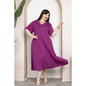 Bambu V Yaka Dantel Detaylı Eteği Kloş Elbise Büyük Beden 6xl