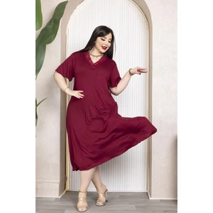 Bambu V Yaka Dantel Detaylı Eteği Kloş Elbise Büyük Beden 6xl