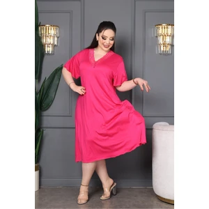 Bambu V Yaka Dantel Detaylı Eteği Kloş Elbise Büyük Beden 6xl