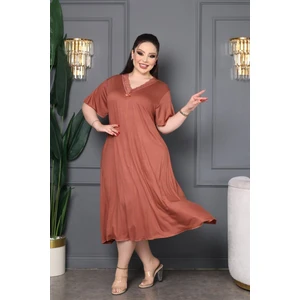 Bambu V Yaka Dantel Detaylı Eteği Kloş Elbise Büyük Beden 6xl