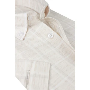 Erkek Krem Bej Kısa Kollu Pamuklu Kareli Cepli Trend Yazlık Gömlek