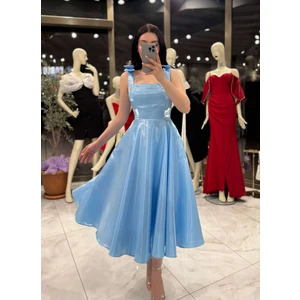 Lilit Askısı Fiyonk Detaylı Arkası Dekolteli Midi Boy Parlak Abiye Elbise Bebe Mavi