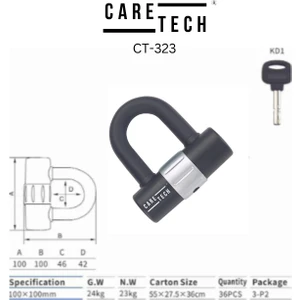 CARETECH CT-323 Disk Kilidi Motosiklet/Bisiklet 12mm Çelik Suya Dayanıklı 4 Anahtar U Bar Kilit 10x10cm