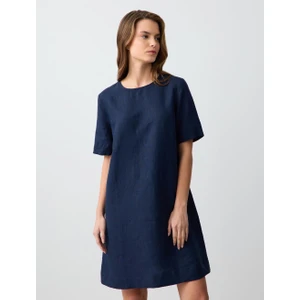 Jimmy Key Lacivert Yuvarlak Yaka Kısa Kollu Keten Mini Elbise