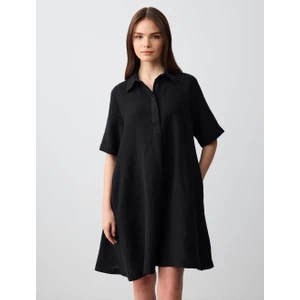 Jimmy Key Siyah Rahat Kesim Gömlek Yaka Dirsek Kol Keten Mini Elbise