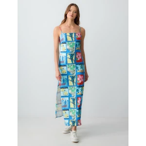 Jimmy Key Mavi Çiçek Desenli Askılı Straplez Keten Midi Elbise