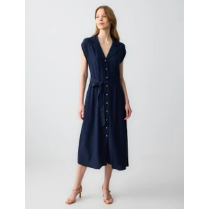 Jimmy Key Lacivert Düz Kesim Kısa Kollu Gömlek Yaka Keten Midi Elbise