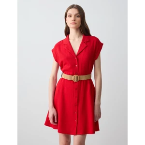 Jimmy Key Kırmızı Kısa Kollu Gömlek Yaka Kemer Detaylı Keten Mini Elbise