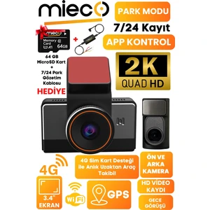 G4  2K QHD / GPS / 4G / Wifi / 140° Geniş Açı / Gece Görüşü / Ön + Arka Kamera / Sim Kartlı Araç Kamerası (2025) + Hafıza Kartı ve Park Kiti Hediyeli