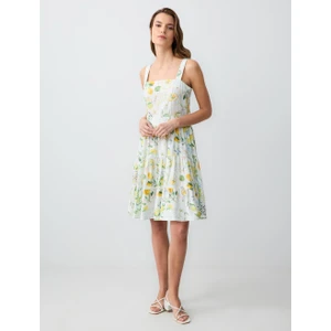 Jimmy Key Sarı Düz Kesim Askılı Kare Yaka Desenli Keten Mini Elbise