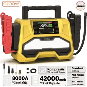 F05 42000MAH 8000A Akü Takviye Cihazı +Lastik Şişirme Kompresörlü Taşınabilir Jump  Starter+Pd 30W Hızlı Şarj (Kompresör+Powerbank+Led Lamba+Lcd Ekran)
