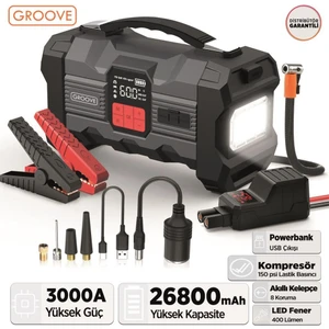 ZK004 26800MAH 4500A Akü Takviye Cihazı +Lastik Şişirme Kompresörlü Taşınabilir Jump Starter (Kompresör+Powerbank+Led Lamba+Lcd Ekran)