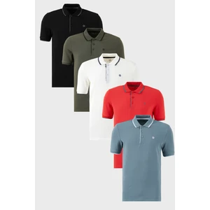 Pamuklu Slim Fit Şerit Detaylı Düğmeli Polo Yaka 5'li Paket T Shirt Erkek T Shirt 5902118S5