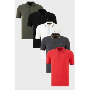 Pamuklu Slim Fit Şerit Detaylı Düğmeli Polo Yaka 5'li Paket T Shirt Erkek T Shirt 5902118S5