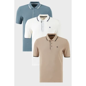 Pamuklu Slim Fit Şerit Detaylı Düğmeli Polo Yaka 3'lü Paket T Shirt Erkek T Shirt 5902118S3