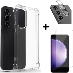 Samsung Galaxy S23 Fe Uyumlu Kılıf Şeffaf Temperli Kırılmaz Cam Ekran ve Kamera Lens Koruyucu Seti