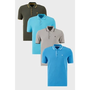 Pamuklu Slim Fit Şerit Detaylı Düğmeli Polo Yaka 4'lü Paket T Shirt Erkek T Shirt 5902118S4
