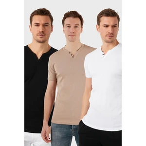 Pamuklu Düğme Detaylı Slim Fit V Yaka 3'lü Paket T Shirt Erkek T Shirt 5902122S3