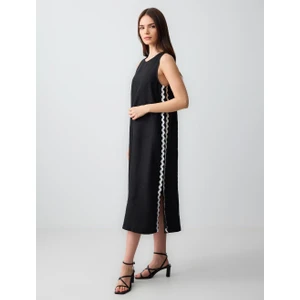 Jimmy Key Siyah Bisiklet Yaka Yırtmaç Detaylı Kolsuz Keten Midi Elbise