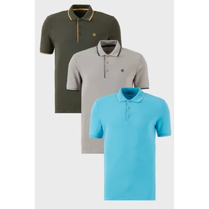 Pamuklu Slim Fit Şerit Detaylı Düğmeli Polo Yaka 3'lü Paket T Shirt Erkek T Shirt 5902118S3
