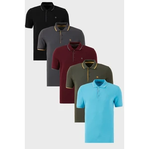 Pamuklu Slim Fit Şerit Detaylı Düğmeli Polo Yaka 5'li Paket T Shirt Erkek T Shirt 5902118S5