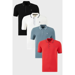 Pamuklu Slim Fit Şerit Detaylı Düğmeli Polo Yaka 4'lü Paket T Shirt Erkek T Shirt 5902118S4