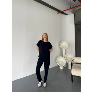 TKM-1114 Lacivert Modal Kumaş Kısa Kollu Bluz Havuç Model Çimalı Alt Ikili Takım