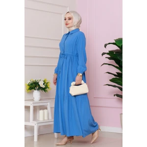 Gömlek Yaka Beli Tünelli Sare Elbise-Mavi