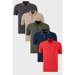 Pamuklu Slim Fit Şerit Detaylı Düğmeli Polo Yaka 5'li Paket T Shirt Erkek T Shirt 5902118S5
