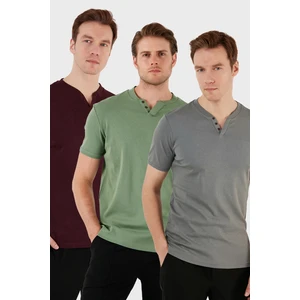 Pamuklu Düğme Detaylı Slim Fit V Yaka 3'lü Paket T Shirt Erkek T Shirt 5902122S3