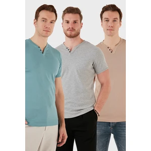 Pamuklu Düğme Detaylı Slim Fit V Yaka 3'lü Paket T Shirt Erkek T Shirt 5902122S3