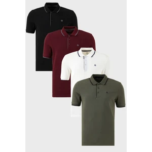 Pamuklu Slim Fit Şerit Detaylı Düğmeli Polo Yaka 4'lü Paket T Shirt Erkek T Shirt 5902118S4