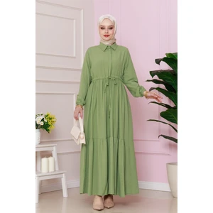 Gömlek Yaka Beli Tünelli Sare Elbise-Fıstık Yeşili