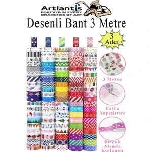 Renkli Desenli Bant 3 Adet 18MM x 3 Metre Dekoratif Desenli Bant Farklı Renklerde Gönderim Yapılmaktadır Desenli