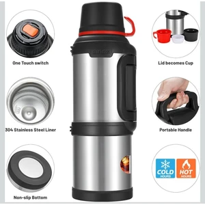 Ekinler El Aletleri Termos 4,0 L, Paslanmaz Çelik Içecek Şişesi, 3 Bardaklı, Çift Duvar Yalıtımı, Kamp Su Şişesi, Kulplu, 24 Saat Sıcak ve Soğuk (Gümüş)