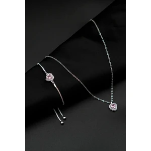 Pandora's Zirkon Taşlı Kalp Charm Model Gümüş Renk Kadın Kolye ve Ayarlanabilir Bileklik Set