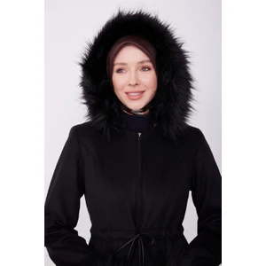 Kolları ve Kapşonu Kürklü Manto 23K8617 Siyah