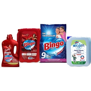 "Dev Ekonomi Paketi ; Bingo Matik 9 kg Sık Yıkananlar + Bingo Soft 5 ltLovely + Bingo Fresh 2,5 lt Lovely +  Bingo Oksijen Çamaşır Suyu"
