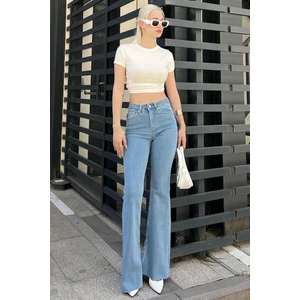 Kadın Buz Mavisi Yırtmaçlı Likralı Ispanyol Paça Jean Pantolon MG1518